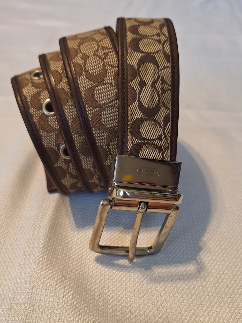 Coach Signature Logo canvas leather Belt Brown/Beige Men's Size 40 Made In Italy